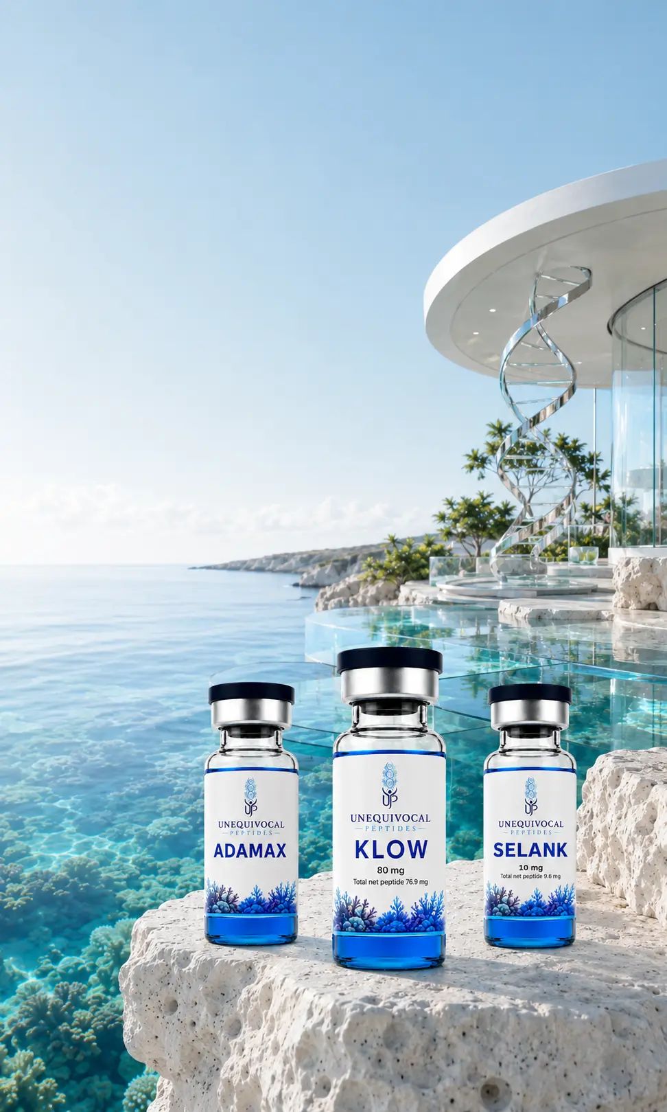 Three vials — Adamax, KLOW and Selank — on a coastal research pavilion above a reef.