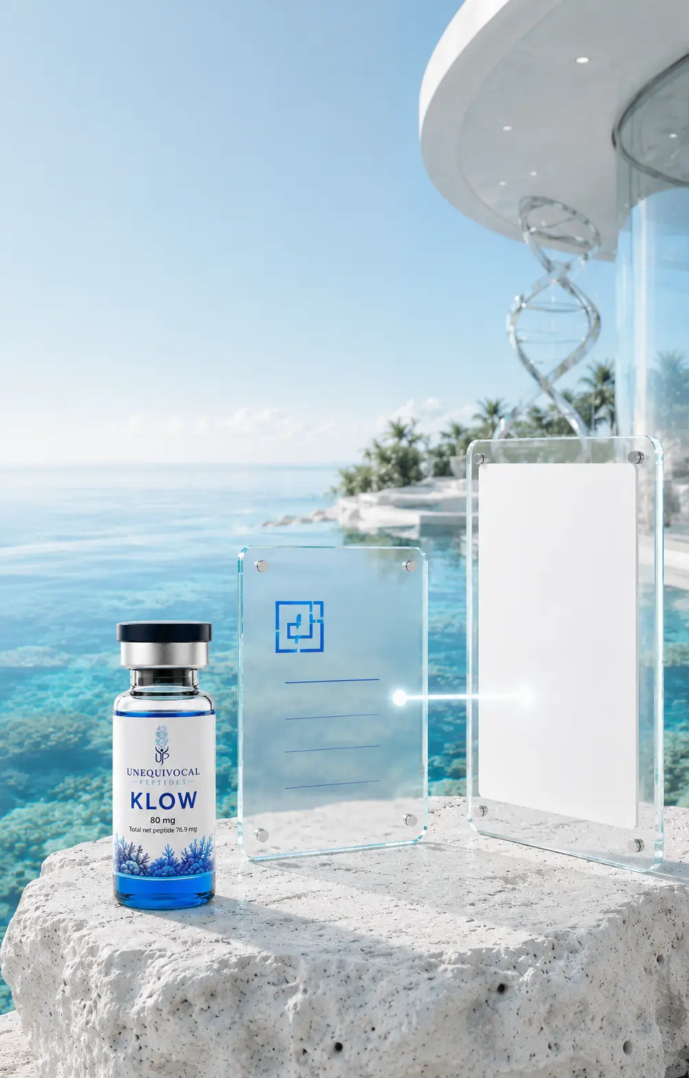 A KLOW vial beside a glass certificate panel on a coastal terrace.
